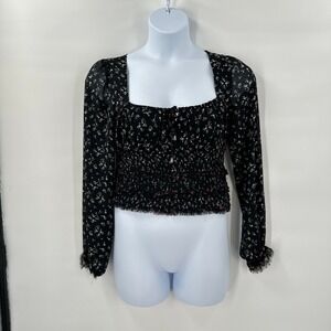 Free People Black Floral Smocked Peasant Top Medium Long Sleeve Boho Square Neck